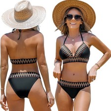 Cupshe Women's Chevron Stitching Halter Top  High Waist Bikini Set Black Small