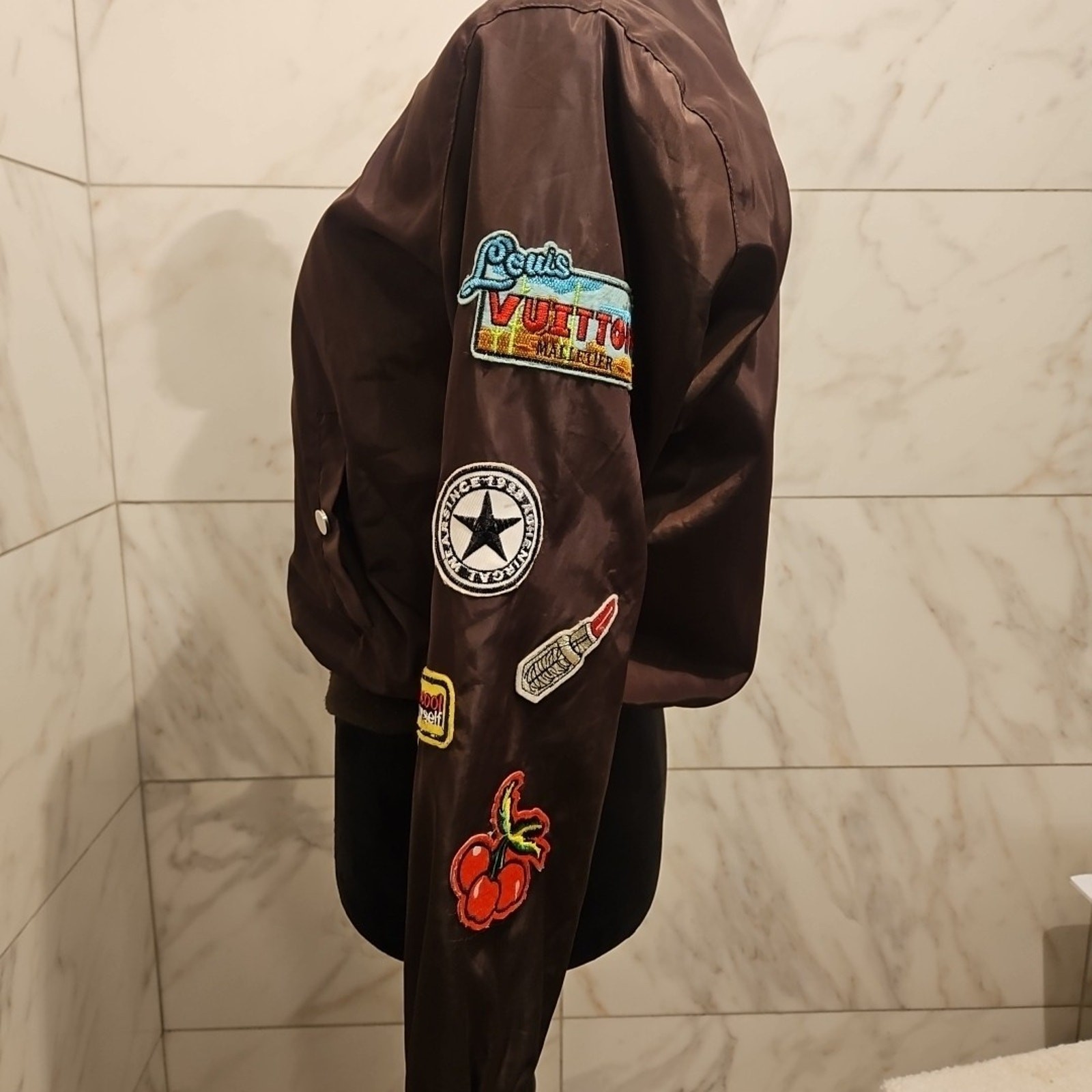 365.5 Brown Bomber Jacket Small Patchwork Patches… - image 4