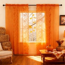 Orange Sheer Lace Curtains 63 Inches Long, 52"W x 63"L Pack of 2 Lace Orange
