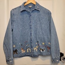 Christopher Banks Denim Embroidered Button Front Top Dogs M Y2k Novelty