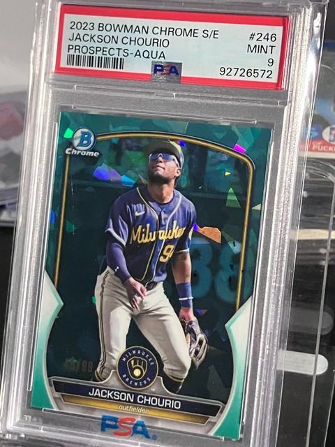 2023 Bowman Chrome Sapphire JACKSON CHOURIO Prospects Aqua /99 PSS 9 Brewers
