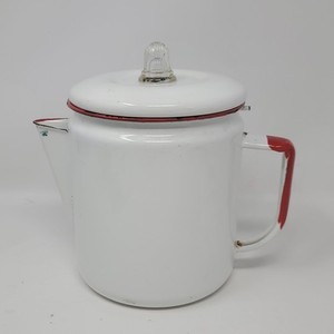 Vtg Red White Enamelware Coffee Percolator Glass Farmhouse Cottage Kitche Decor
