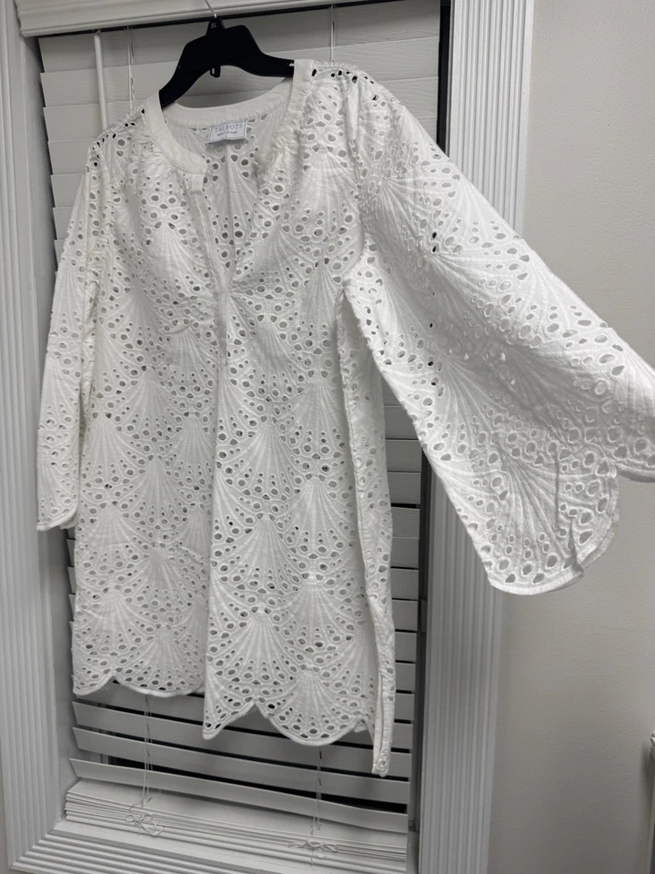 Vestido túnica Talbots Aqua Club algodón ojales mangas largas blanco playa cubierta L Foto 3 de 4