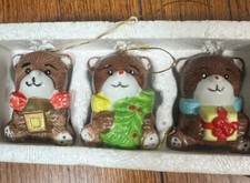 Teddy Bear Trio Ornaments Vintage Handpainted Glazed Porcelain 1982 Christmas