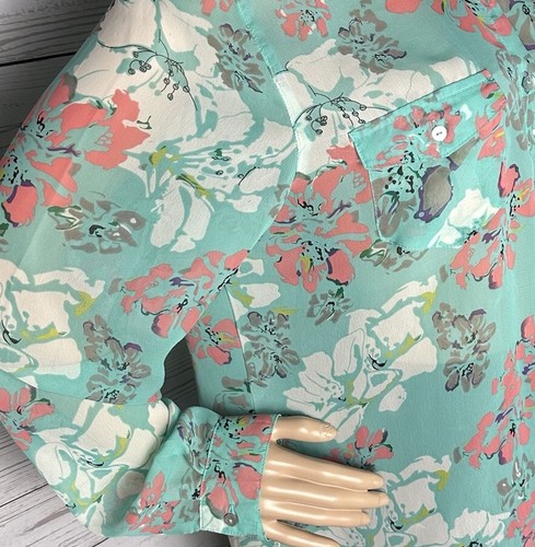 I Jeans By Buffalo Blouse Large Semi-Sheer Teal Pink Floral Print Sequin Collar - Picture 7 of 14