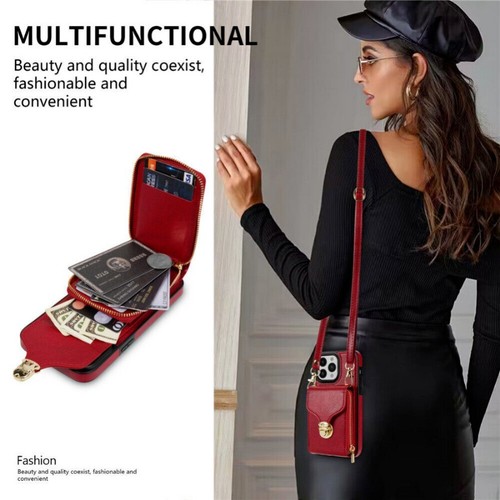 Wallet Case For iPhone 16 15 14 13 12 Pro Max Plus Leather Cover Shoulder Strap - Picture 57 of 79