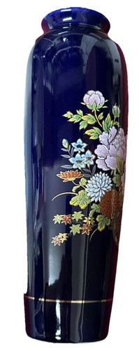 Kutani Japan 10” Hand-painted Hand Cart & Peony Cobalt Blue Porcelain Vase VTG - Picture 5 of 7