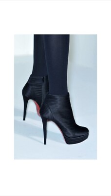 Christian Louboutin Black Ankle Boots J.Mendel Embroidered Satin Silk Shoes 140
