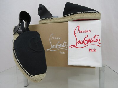 NIB LOUBOUTIN NANOU BLACK LEATHER CANVAS CL LOGO TIE LACE ESPADRILLES FLATS 39