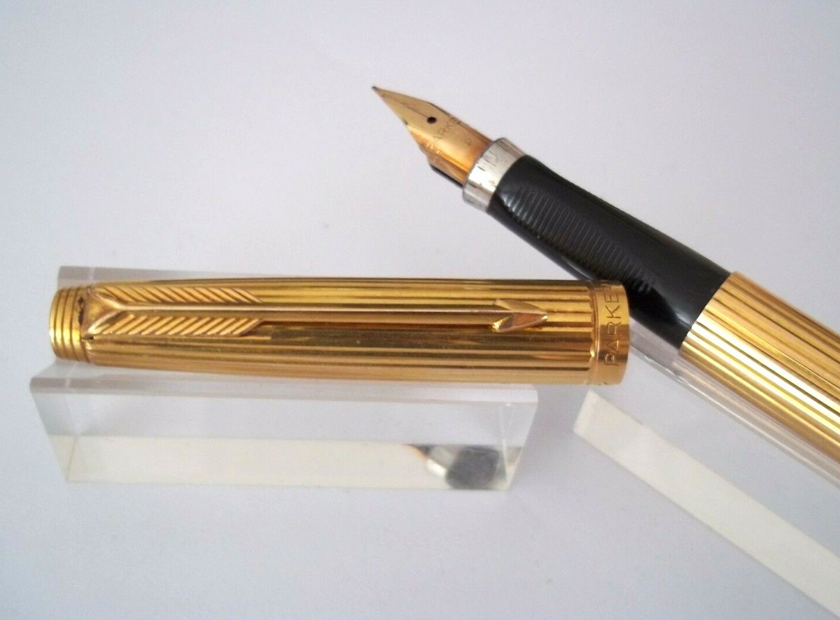 Stylo Plume Parker 75 En Or Plaqué - Plume En Or 18 Carats, Modèle Large Et Godronné