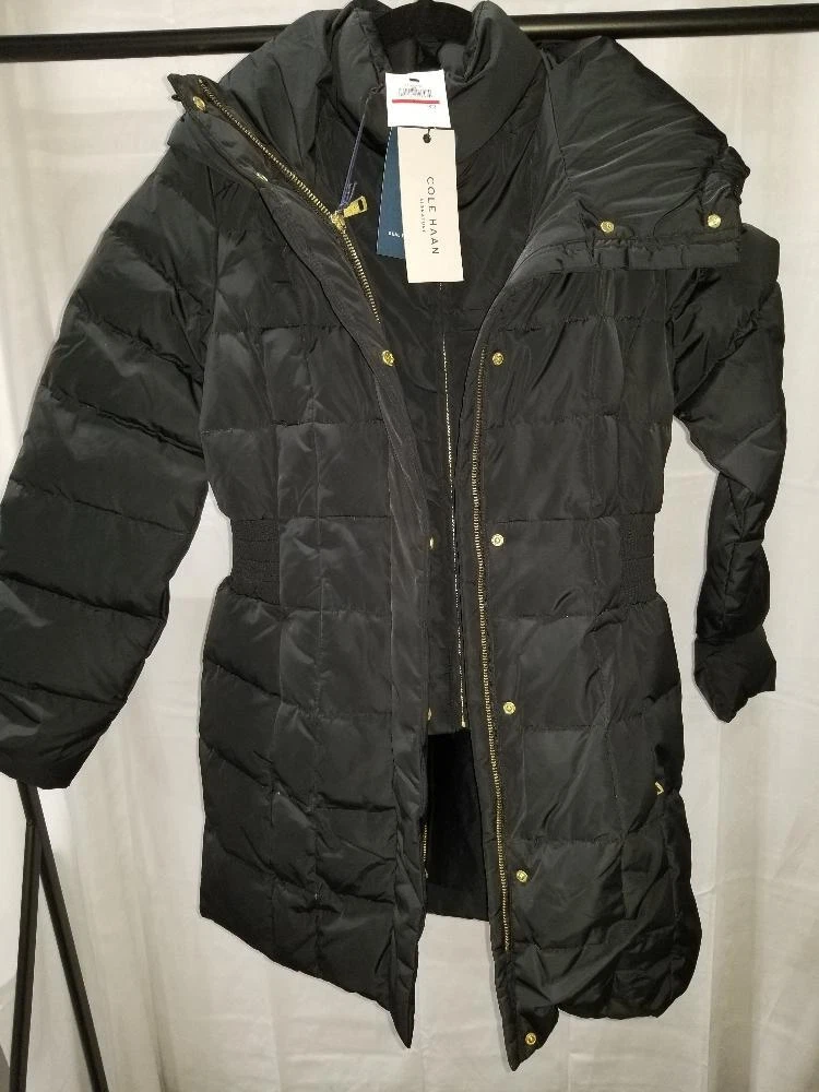 Cole haan women's taffeta down coat with bib front and dramatic clearance hood