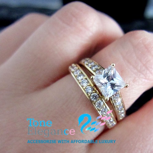 18k yellow gold GF engagement wedding solid ring sets simulated diamond Sz P - Picture 2 of 7
