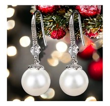 Classic White Round Faux Pearl Crystal Beaded Silver Hook Womens Dangle Earrings