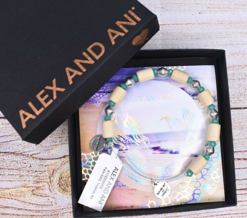 NEW NWT Alex and Ani Palm Tropical Green Wood Beaded Silver Bracelet - Picture 2 of 2