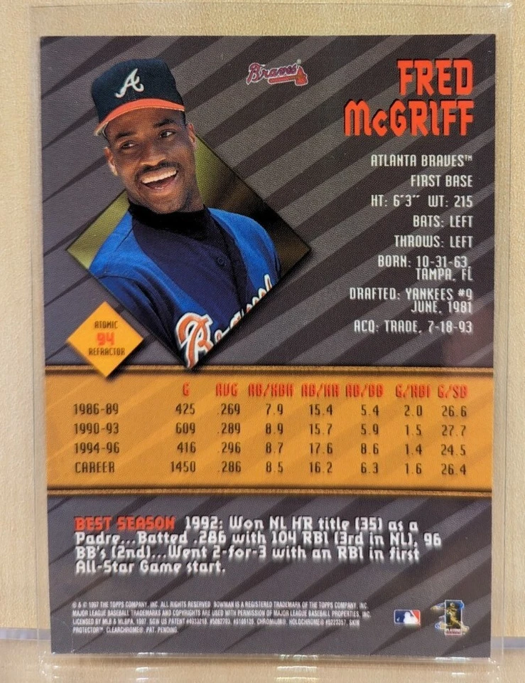 1997 Bowman's Best ATOMIC REFRACTOR #94 Fred McGriff HOF UTLRA RARE PARALLEL - Image 2 of 2