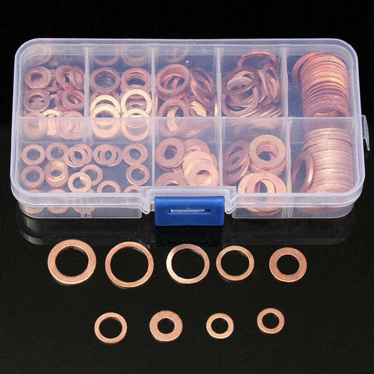 200pcs 9-Size Oil Drain Plug Copper Crush Washer O-Ring Gasket Kit w/Storage Box