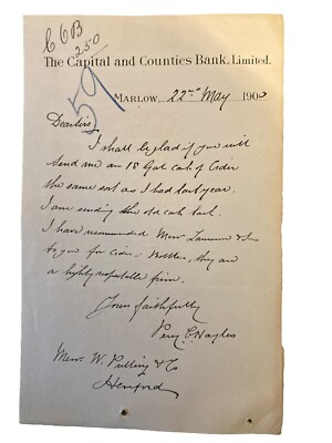 1903 handgeschriebener Brief von der Capital & Counties Bank an Pulling & Co Brewers
