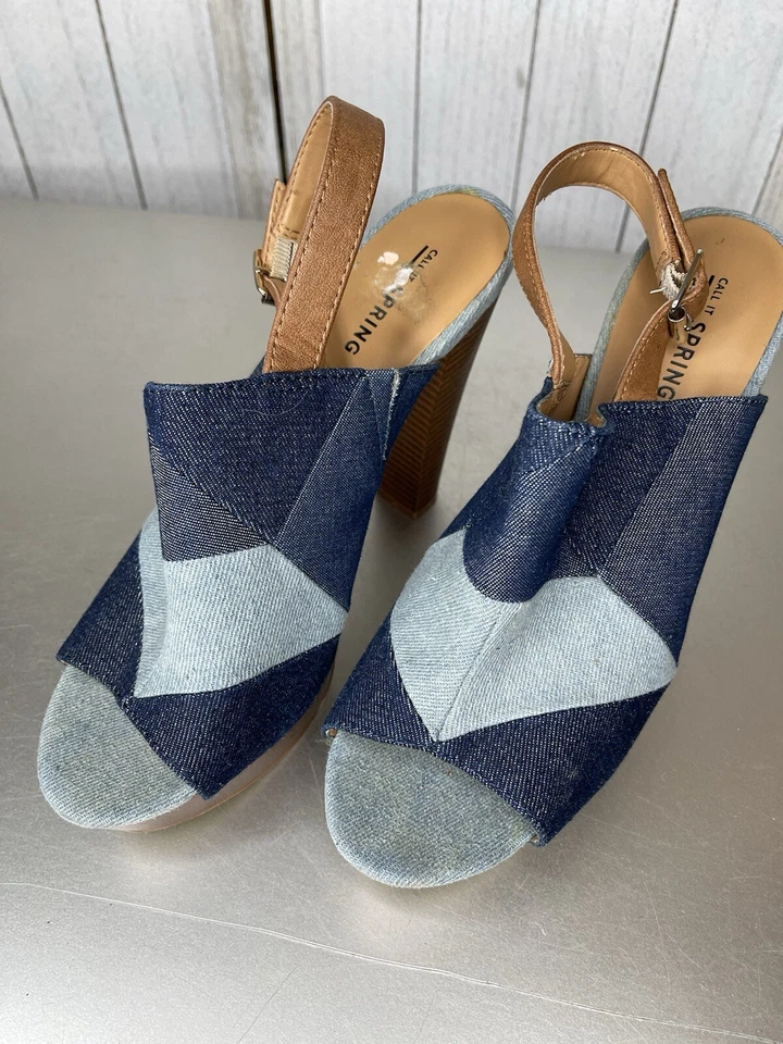 Call It Spring Blue Denim Open Toe Ankle Strap Patchwork Platform Size 9 - Image 2 of 4