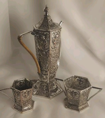 E.G. Webster Rocco Repousse Putti Cherub Gooseneck Teapot Set 1800s Antique - Picture 10 of 22