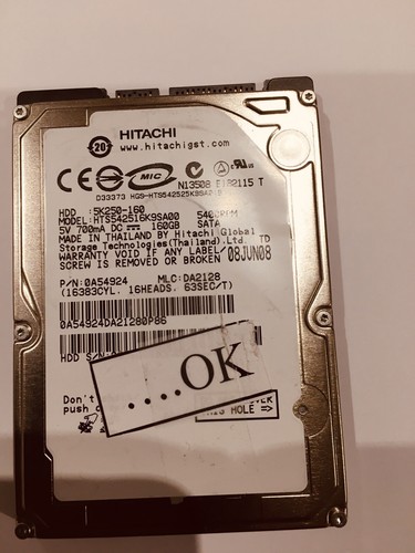 Disque dur Ok 2.5 sata 160go Hitachi 5k250-160 Aucun Bad Et Smart Bon! - Photo 2/3
