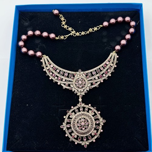 Heidi Daus Dark Pink Crystal Faux Pearl Bronze Pendant Necklace 18 20 Inch in Bo - Picture 2 of 3