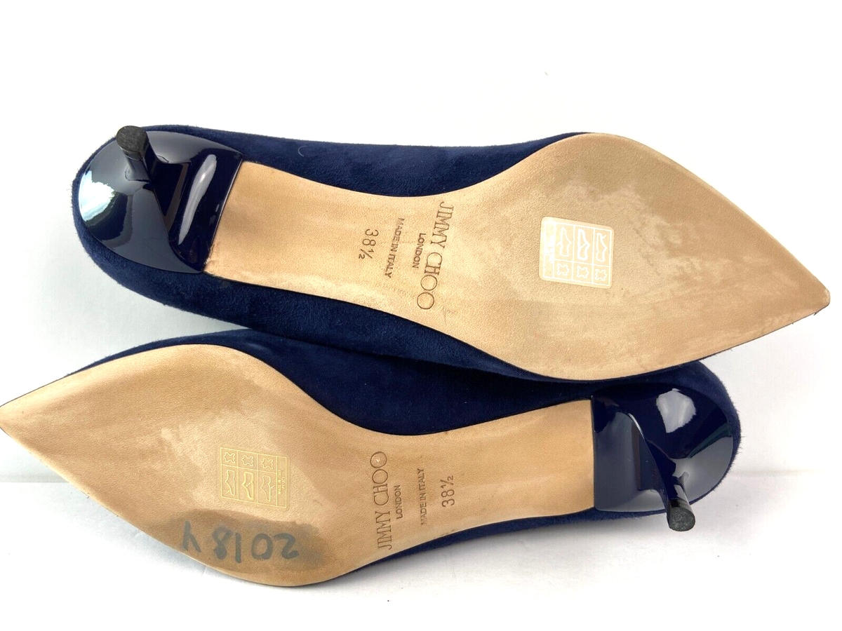 Jimmy Choo Italy Aza Navy Blue Suede Pointed Toe Kitten-Heel Pumps