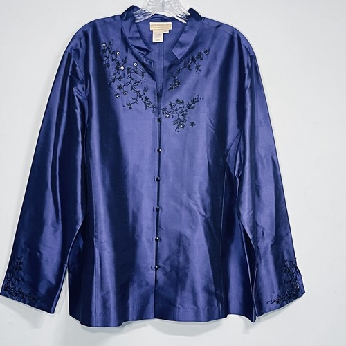 Coldwater Creek Blue 100% Silk Button Blouse Women XL Embroidered Asian Inspired
