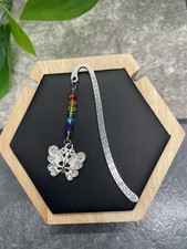 3.5" Handmade Silver-tone Etched Metal Hook Bookmark Beaded Charm Butterfly 15