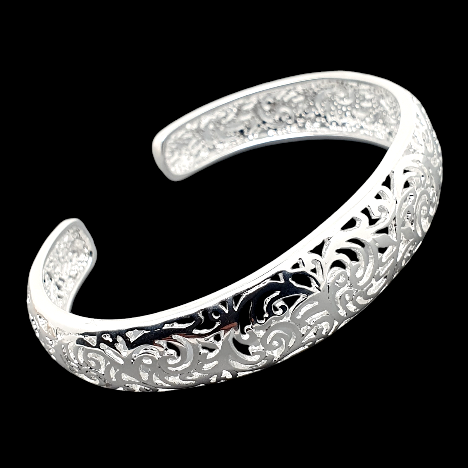 Bangle Bracelet Small Open Floral 925 Sterling Silver Plated Hollow Filigree-image