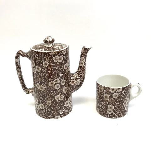 Crownford Staffordshire Calico Brown Coffee Pot w/ Lid + Coffee Mug/Cup (7.25")