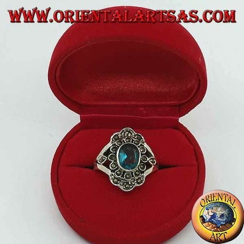 Anello in Argento 925‰ a margherita con topazio blu ovale e marcasite - Foto 4 di 6