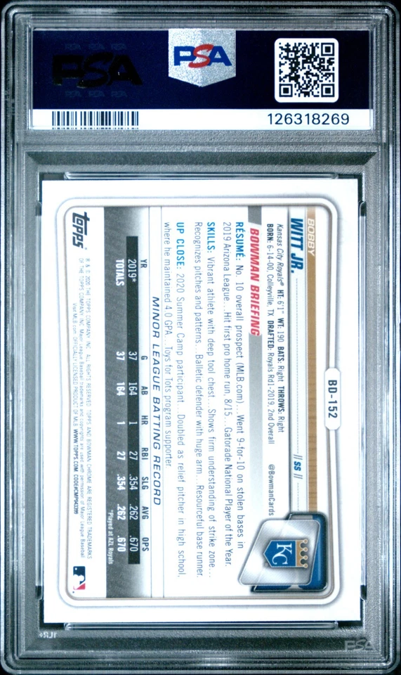 2020 Bowman Draft Chrome Sapphire Bobby Witt Jr. BASE PSA 10 KANSAS CITY ROYALS - Image 2 of 2