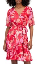 Tahari ASL Womens Printed Faux-Wrap Chiffon Dress 2 Raspberry Floral - NWT $129