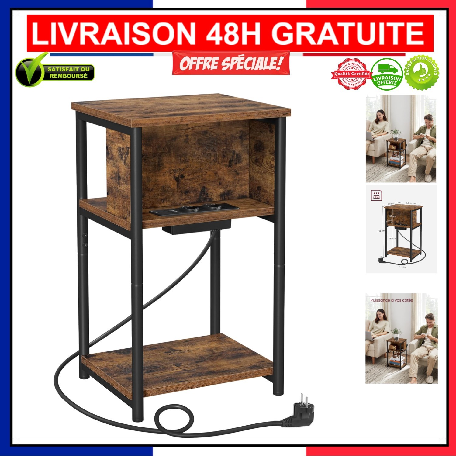 Petite table de nuit connectée pour chambre et salon VASAGLE rustique