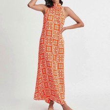 Ann Taylor Orange White Geometric Tile Halter Neck Maxi Dress S Sleeveless b3