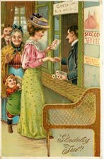 Danish Christmas Postcard Glaedelig Jul Woman Get Lots Of Money At Cashier 3228H