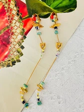 Christian Lacroix Vintage Extra Long Logo Turquoise Heart Crystal Drop, Earrings