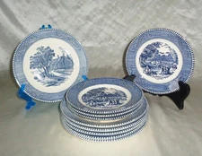 Blue Currier & Ives Royal China - Old Grist Mill - Salad & Bread Plates Vintage