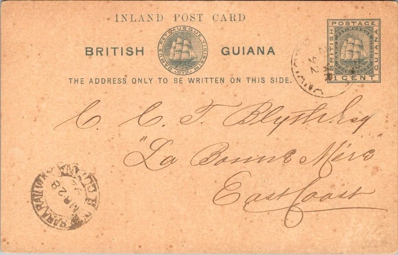 British Guiana 1892 Belfield Raceway Card / Demerara Railway Cancel - L44008