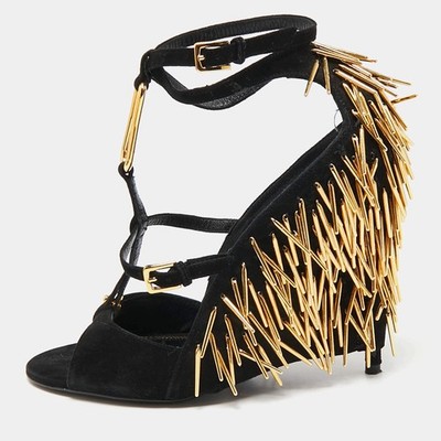 Tom Ford Black Suede Embellished Ankle Wrap Wedge Sandals Size 37