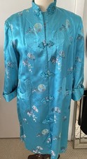 Vtg 60s Peony Turquoise Satin Brocade Asian Floral Robe Dressing Gown Frogs