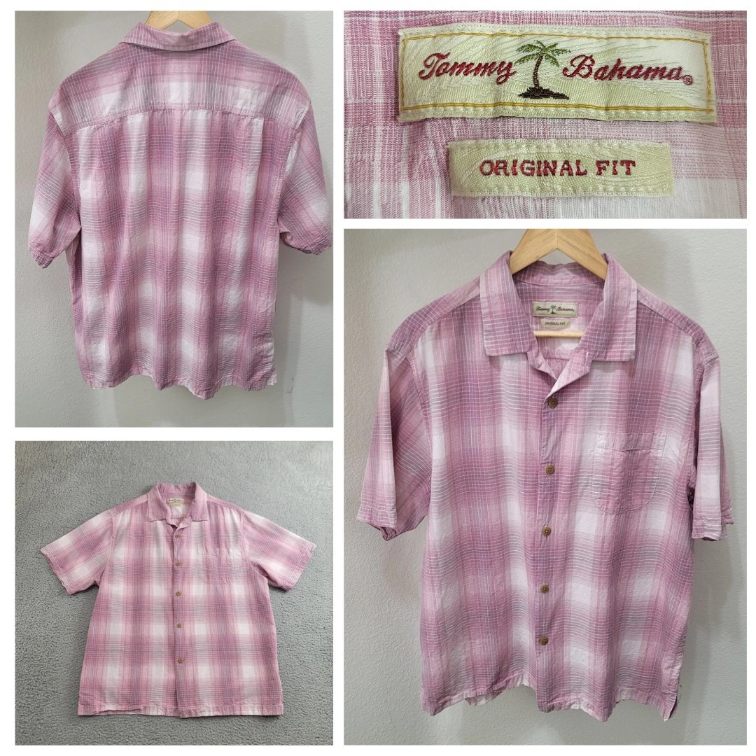 Tommy Bahama Tencel Shirt Men's XL Pink Button Surfer Short Sleeve Lightweight