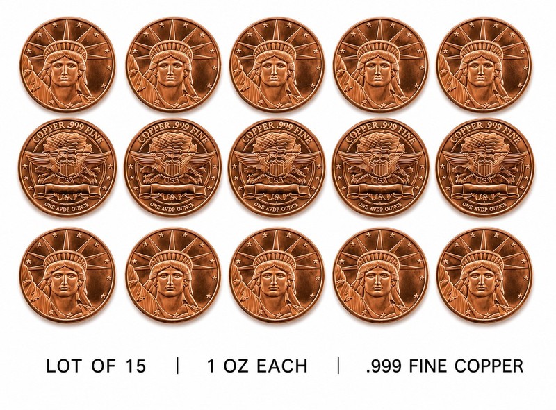 Lot of 15 • 1 oz .999 Fine Copper Rounds • Statue of Liberty / Eagle Design