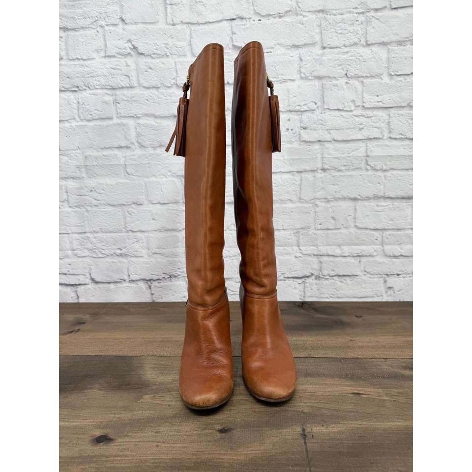 Botas hasta la rodilla Coach Therese de cuero marrón borla cremallera tacón para mujer 7,5B Foto 3 de 4