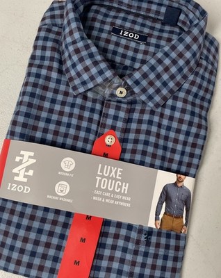 IZOD Men's Luxe Touch Long Sleeve Button Up Shirt BLUE CHECK Modern MEDIUM Easy