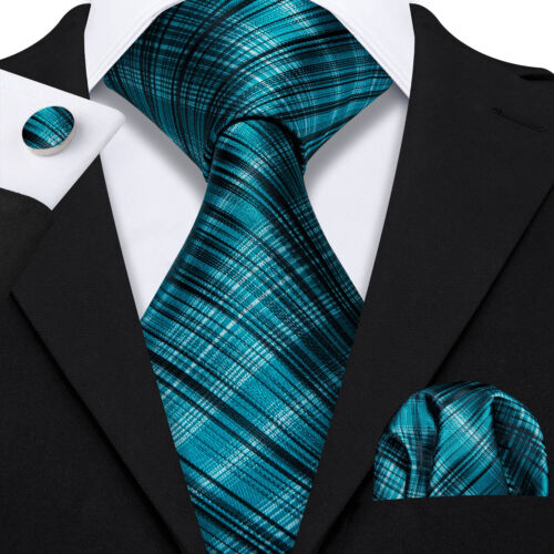 Mens Ties Blue Floral Checks Striped Paisley Silk Necktie Hanky Cufflink Set 3PC - Picture 28 of 210