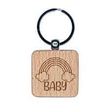 Rainbow Clouds and Baby Engraved Wood Square Keychain Tag Charm