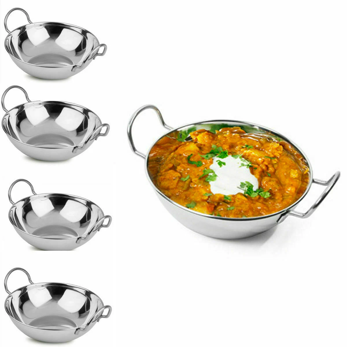 4,6,8,10,12 Balti Dish Stainless-Steel 21cm Indian Food Curry Serving  Handled