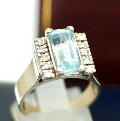 Estate Jewelry Solid 18K Gold Ring Natural Aquamarine & Diamonds Jewellery L1/2 - Picture 4 of 4