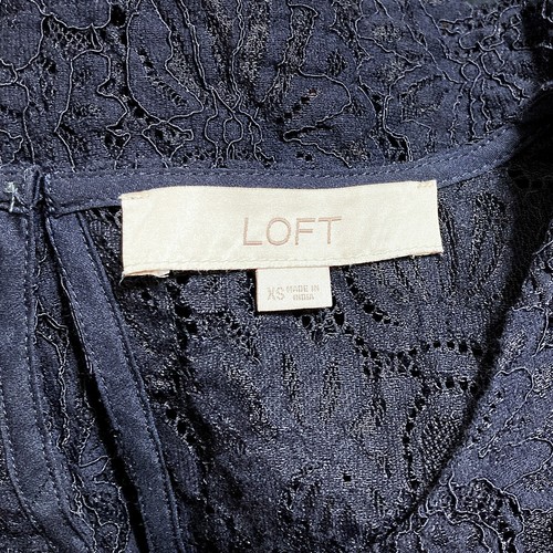 Loft Lace Top S Navy Blue Floral Bell Sleeve Sheer - Picture 7 of 9